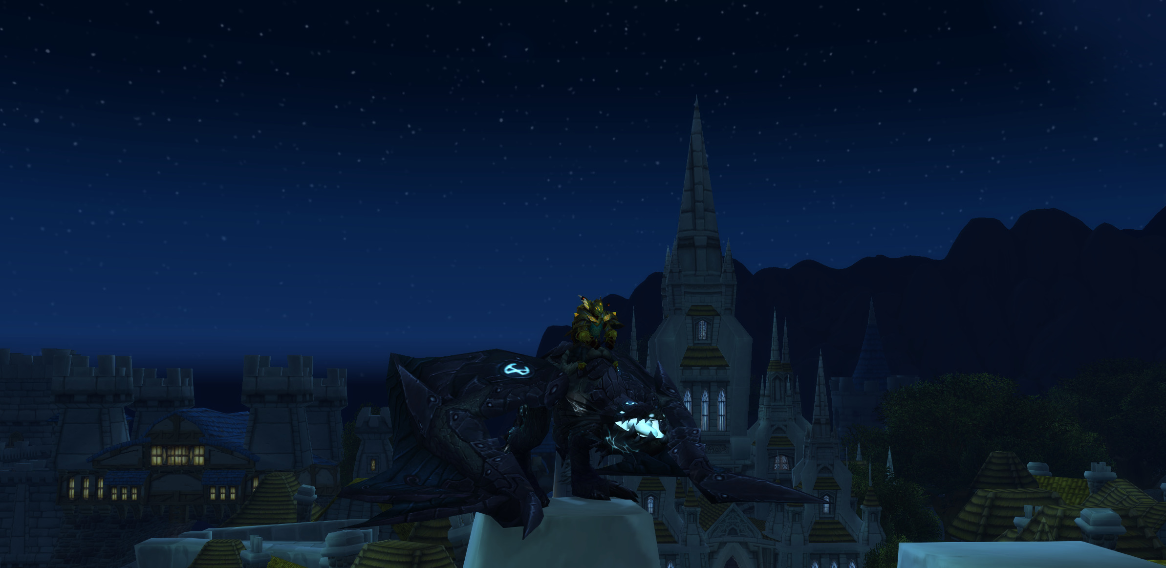 Screenshot of the Ironbound Proto-Drake mount, on the battlements of Stormwind.